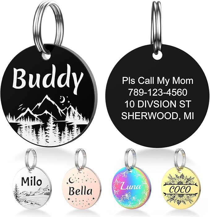 YEHANTI Dog Tags Personalized for Pets with Name Pattern Art Design - Engraved with Laser - Stainless Steel Cats Dogs ID Tags - Stylish Dog Collar Accessories (Round)