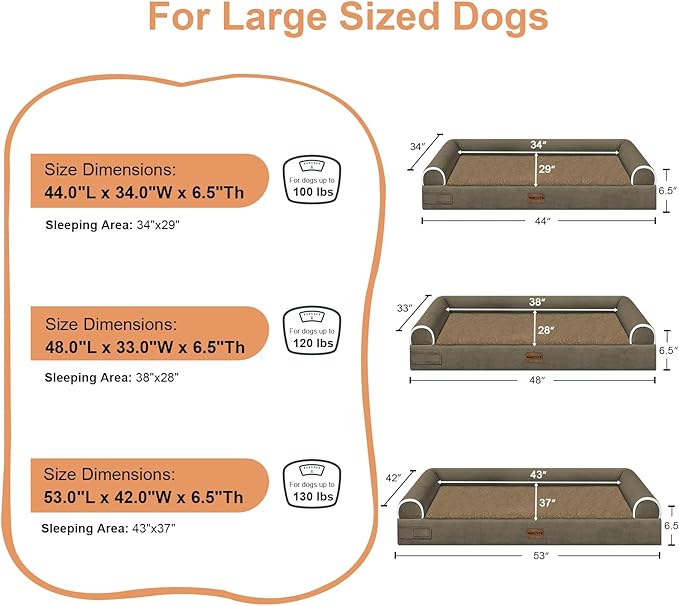 Large Dog Bed Orthopedic Washable: Beds Bolster XL Bed Large Big Dogs Memory Foam Couch Sofa Waterproof with Removable Cover - Brown
