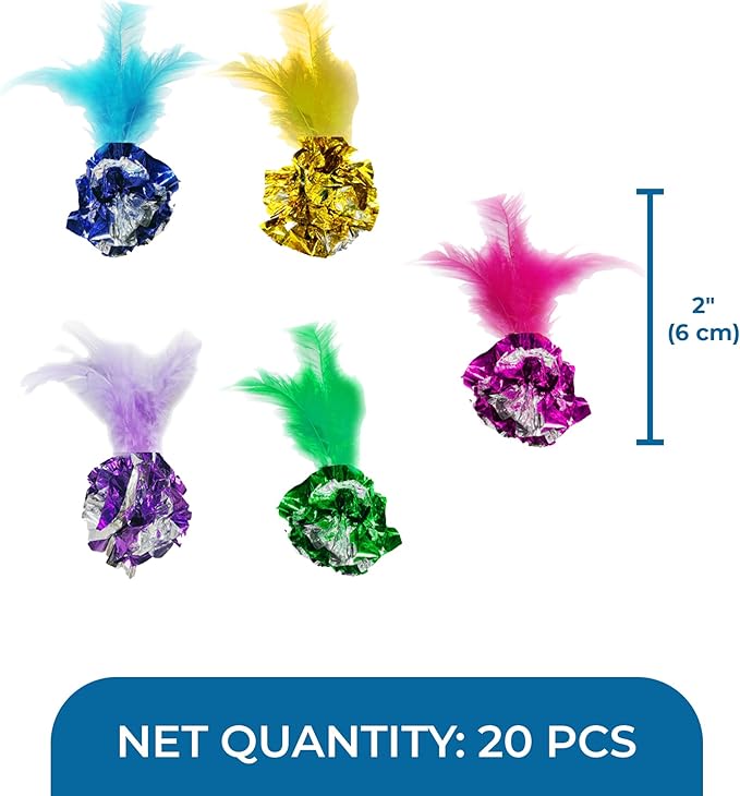 SunGrow Mylar Crinkle Balls with Feathers, 2.5-Inches, Shiny Stress Buster Crinkler, Suitable for Multiple Cats' Engagement, Ideal for Kittens and Grown-ups, 20-Pcs