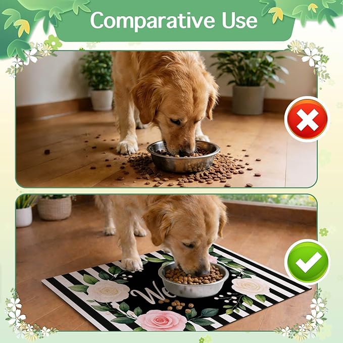 Pet Feeding Mat 24" x 16" Floral Stripe Welcome Design Non Slip Dog Food Mat and Cat Food Mat Easy Clean Puppy Feeding Mat for Indoor Cats Large Pet Food Mat for Food Bowls