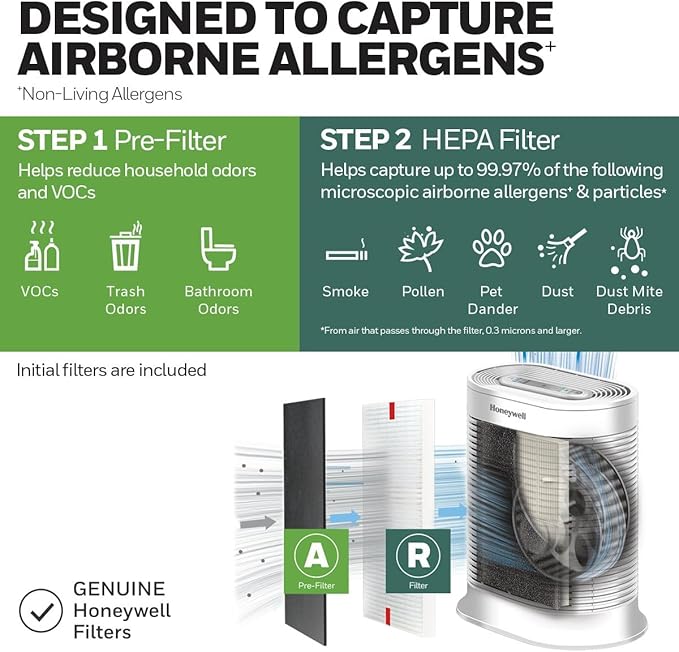 Honeywell HPA204 HEPA Air Purifier for Large Rooms - Microscopic Airborne Allergen+ Reducer, Cleans Up To 1500 Sq Ft in 1 Hour - Wildfire/Smoke, Pollen, Pet Dander, and Dust Air Purifier – White