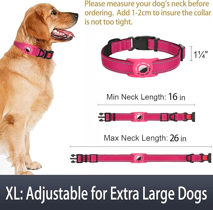 Airtag Dog Collar with AirTag Holder for Large Dogs, Reflective, Soft Padded & Safety Locking Buckle, Nylon Pet Collars Adjustable for All Breeds, Hotpink,XL