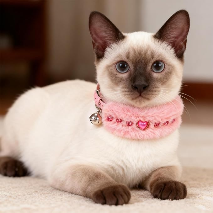EXPAWLORER Valentine's Day Cat Collar - Adjustable Furry Leather Cat Collars with Pearls and Gemstones for Girl Boy Cats, Elegant Plush Pet Collar with Bell & Durable D-Ring, Pink