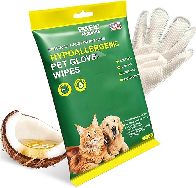 5-Finger Pet Grooming Glove Wipes - Extra Thickened Waterless Bath for Dogs & Cats - Deodorizing & Hypoallergenic Rinse-Free Cleansing for Post-Surgery, Travel, or Senior Pets (6pcs)