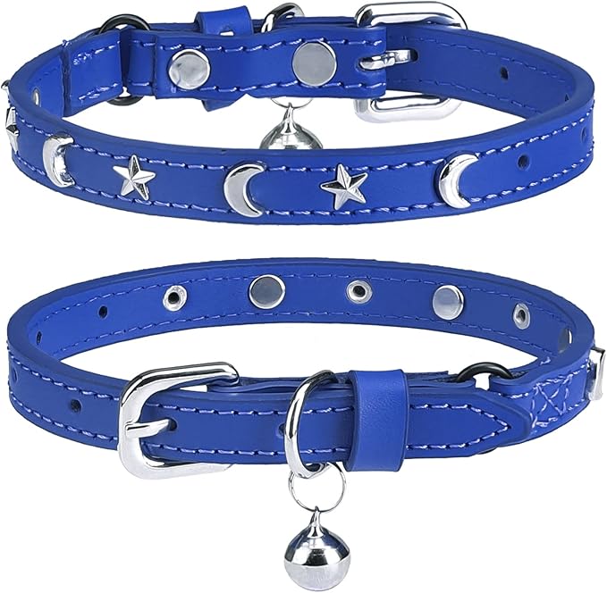 Leather Cat Collars for Boy Girl Cats with Bell and Safety Elastic Belt, Personalized Star and Moon Stud Adjustable Safe Buckle Collar for Kitty Small Big Cats Size 7-9 Inch, Blue
