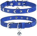 Leather Cat Collars for Boy Girl Cats with Bell and Safety Elastic Belt, Personalized Star and Moon Stud Adjustable Safe Buckle Collar for Kitty Small Big Cats Size 8-12 Inch, Blue