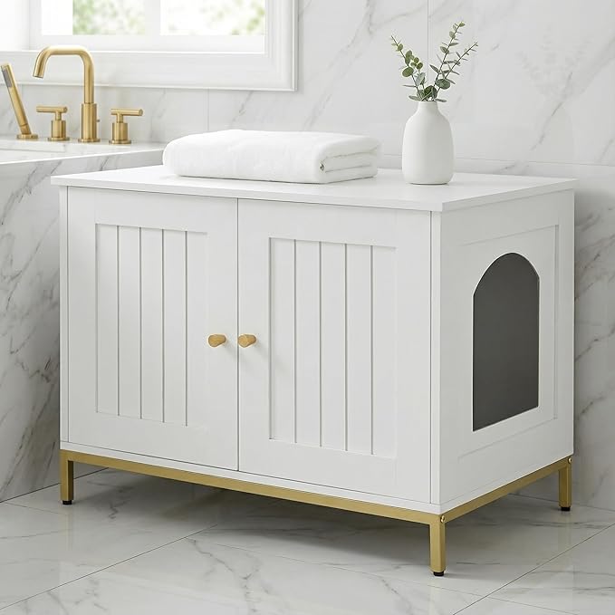 Homhedy Cat Litter Box Enclosure, Cat Washroom Furniture with Metal Frame, Pet House, Fit Most of Litter Box, Modern Style, White and Gold