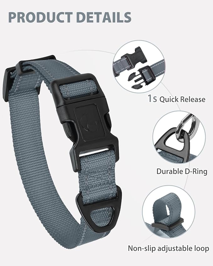Joytale Large Dog Collar, Reflective and Adjustable Nylon Pet Collar with Quick-Release Buckle for Large Dogs, Gray, L