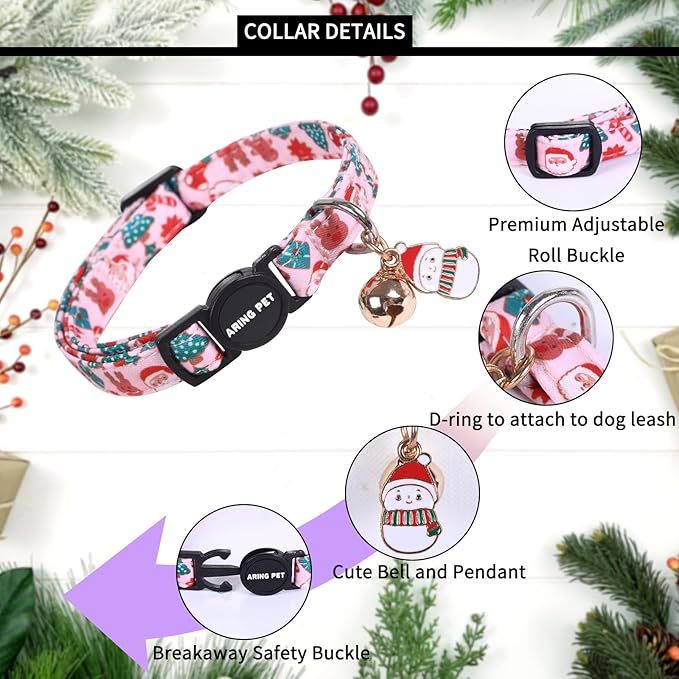 ARING PET 2 Pack Cat Collar, Christmas Breakaway Kitten Small Collars with Bells for Girl Boy Cats-Pink Reindeer Santa Claus & Green Xmas Tree
