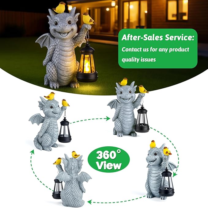 ILLUMINEW Solar Dragon Garden Statue with Lantern and Birds – Resin Dinosaur Figurine with LED Light for Yard, Outdoor Decor, Gifts for Mom, Women (Dragon)