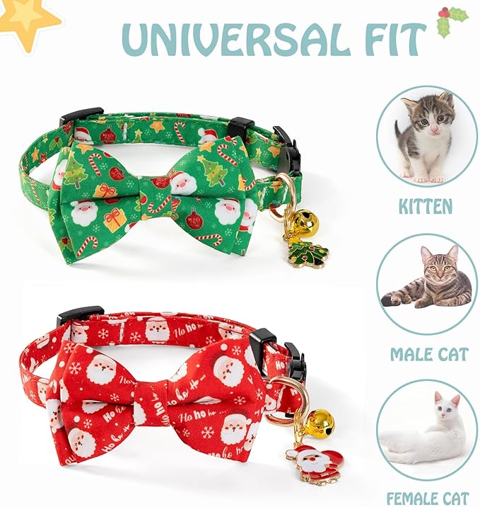 Christmas Cat Collar with Cute Bow Tie Bell 2Pack Red Green Santa Claus Breakaway Collar for Male Female Soft Christmas Kitty Kitten Cute Cat Collars Ideal for Girl Cats Boy Male Cats