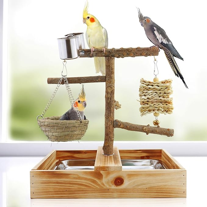 Mogoko Natural Bird Perches Playground, Cage Accessories, Toys Playground for Birds, Bird Perch Stand Parrot Stand, Includes 2 Stainless Steel Cups and Removable Tray