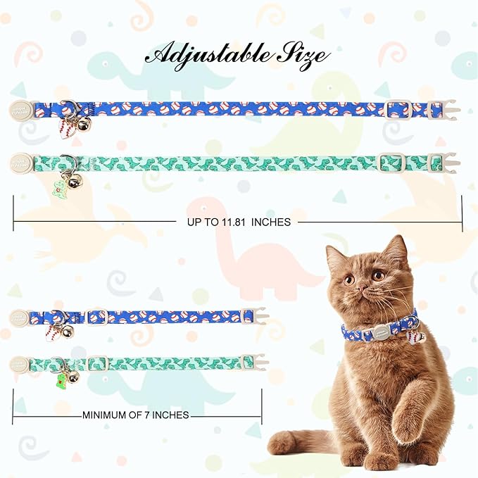 Unique Style Paws Baseball Kitten Collars,Cute Blue Cats Collar with Bell,Kitten Collar Breakaway Buckle with Heart Pattern,Adjustable Cat Collars,Ideal Gift for Boy Girl Cats