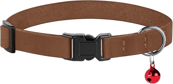 Muromto Breakaway Cat Collar Leather Soft Adjustable Pet Kitten Collars with Bell Pink Brown Blue Green Red (Cognac)