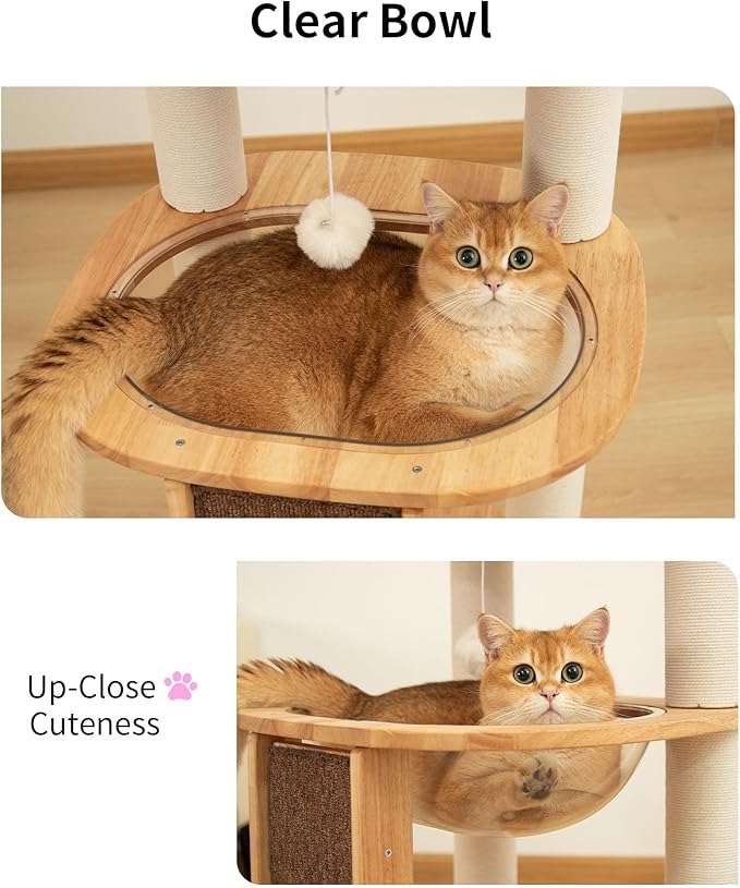 Wood Cat Tree for Large Cats, Modern Cat Tree Tower with Wide Shelves Cotton Scratching Posts, Super Sturdy Base, Cozy Perches, and Interactive Toys for Indoor Kittens