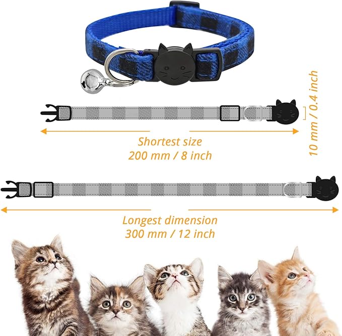 MJIYA Stylish Plaid Cat Collars with Bells - Adjustable Breakaway Kitten Collar (8-12 Inches) - Cute Collar for Girls and Boys - Pet Gift and Accessory（Blue, M