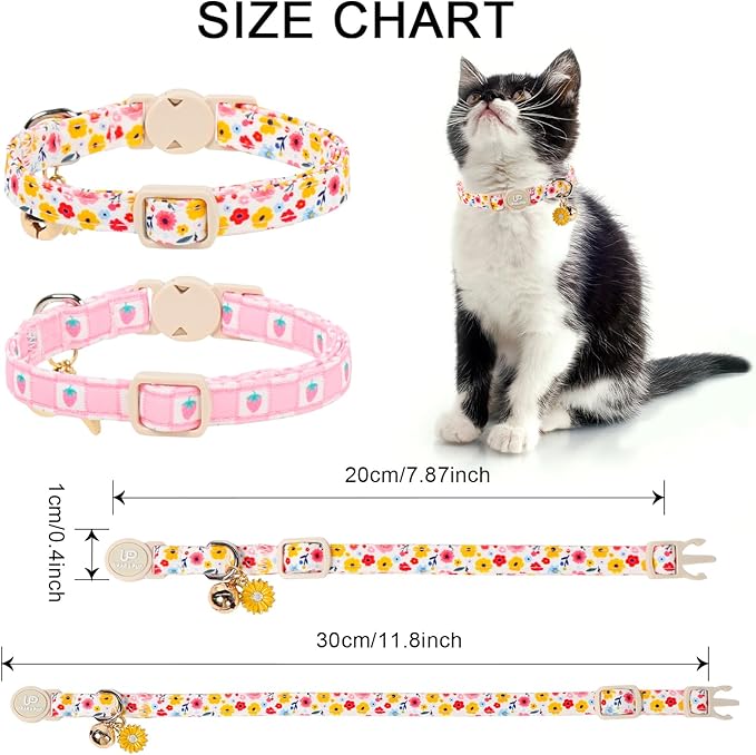 Cat Collar, 2Pack Flower Cats Collars-Cute Summer Breakaway Cat Collar with Bell & Pendant, Pretty Flower Kitten Collars with Safety Buckle for Girl & Boy Cats, 7-12Inch