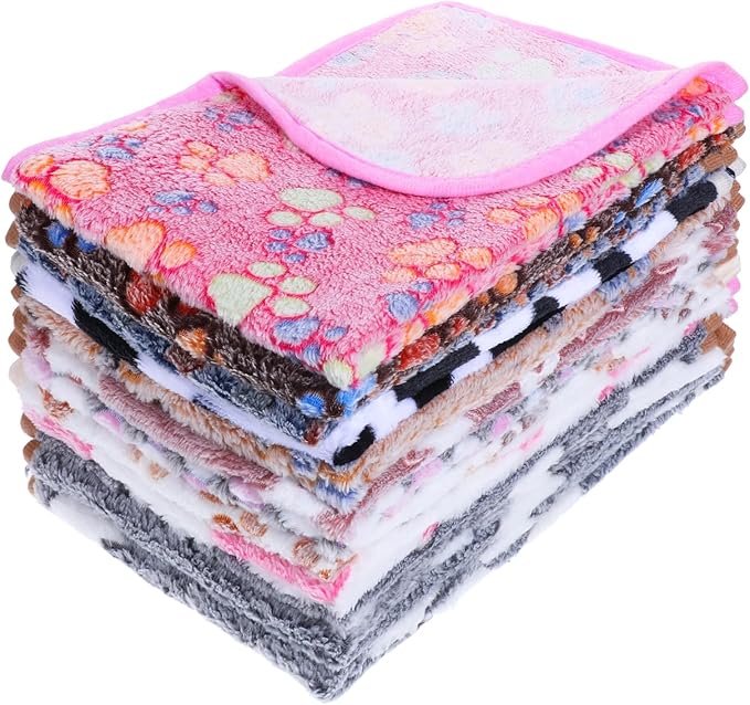 12 Pcs Dog Blanket Pet Paw Print Fleece Blanket Cat Soft Warm Sleep Mat Guinea Pig Cage Liners Small Medium Whelping Pet Essentials for Pet Grooming Shop Girl Boy Puppy