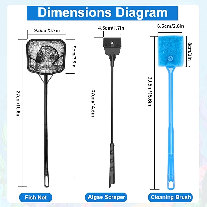 Fish Tank Cleaner, Aquarium Cleaning Tools Set of 3 Pieces, Include Algae Scraper for Glass Aquariums Fish Net for Fish Tank Aquarium Brush Suitable for Saltwater and Freshwater Aquarium