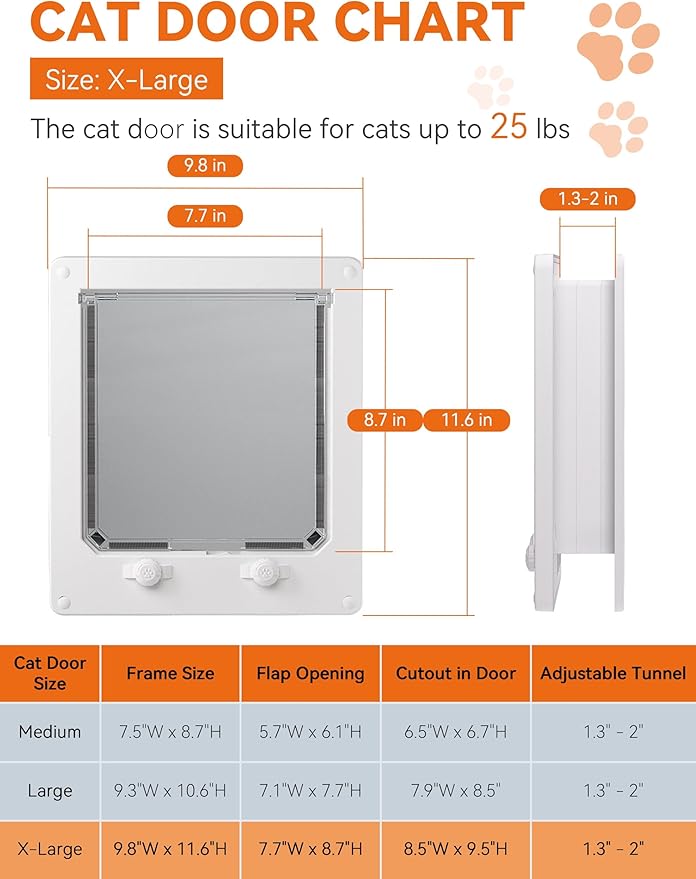 LIBBEPET Cat Door Interior Door, Indoor Cat Doors, X-Large Pet Doors for Cats Up to 25 lbs(Frame Size 9.8" x 11.6"), Upgraded 4 Way Locking Kitty Door for Interior & Exterior Doors, Easy to Install