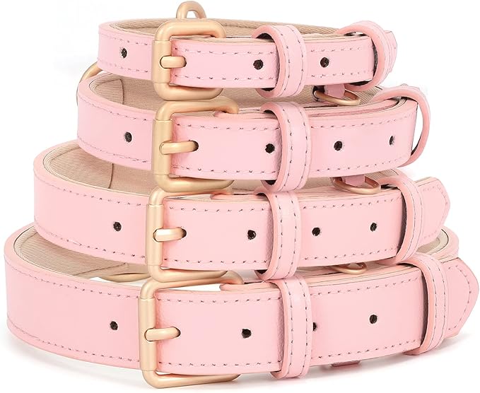 WHIPPY Leather Dog Collar for Small Medium Large Dog Adjustable Soft Breathable Leather Padded Puppy Collar with Alloy Buckle Heavy Duty Waterproof Classic Dog Pet Collar,Pink,S