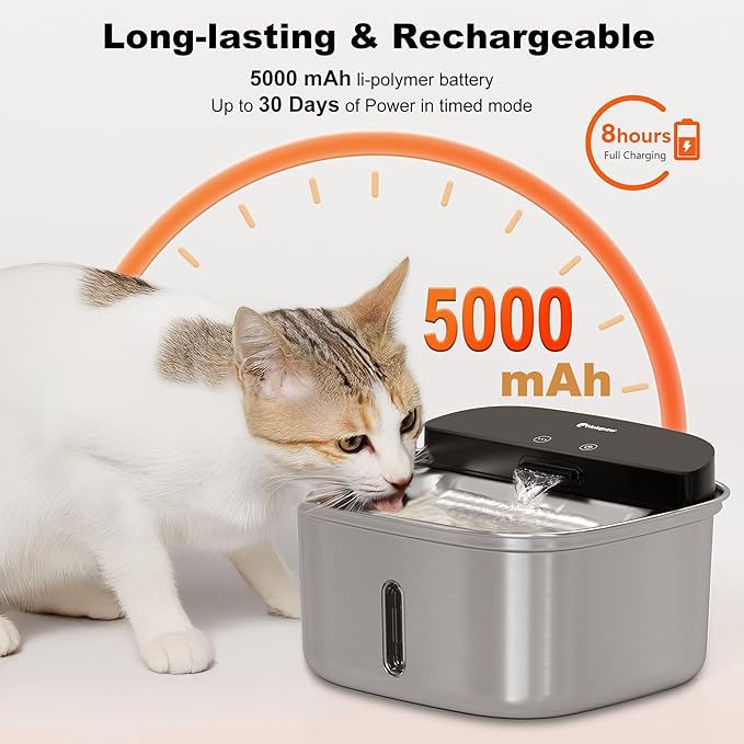Wireless Cat Water Fountain Stainless Steel, 128oz/3.78L Cordless Automatic Water Dispenser for Cats and Dogs, Battery Operated Drinking Fountain for Pets with Motion Sensor, Ultra Quiet Pump