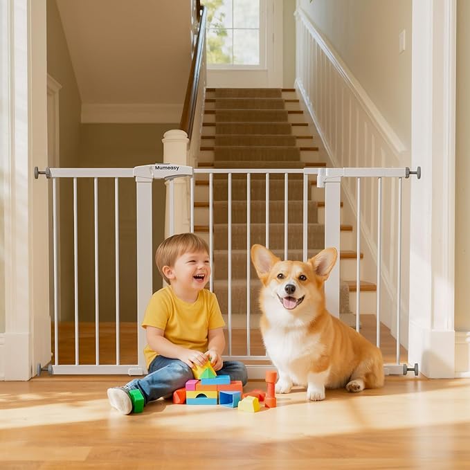 Mumeasy 29.7–51 Inch Extra Wide Baby Gate for Stairs, Extra Long Indoor Dog Gate for Doorways, Pressure Mounted Walk Thru Child Gate with Auto-Close, No-Drill Safety Pet Gate with Door for House,White