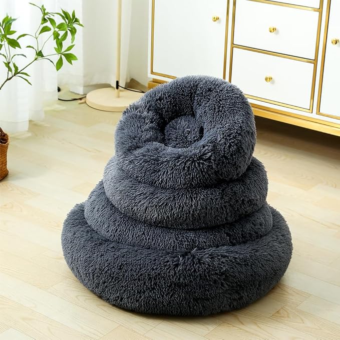 Donut Dog Bed Cat Bed Fluffy Calming Pet Bed Dog Round Bed Cat Round Bed Warm Kitten Nest Ideal for 3Kg Pet, Small, Dark Light