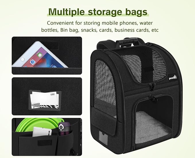 Pecute Cat Backpack Carrier Expandable, Pet Backpack for Cats & Small Dogs Up to 11lbs, with 4-Side Breathable Mesh, Multi-Entry & Lockable Zippers for Travel, Hiking, Camping - Hands Free, Black