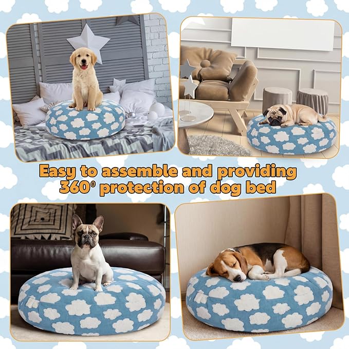 Youyole Medium Washable Round Dog Bed Cover Replacement Waterproof 30 x 30 x 10 in Round Donut Bed Cover for Dog Soft Blue Beds Protector Sheet with Lovely Clouds Print for Donut Beds & Pet Couch