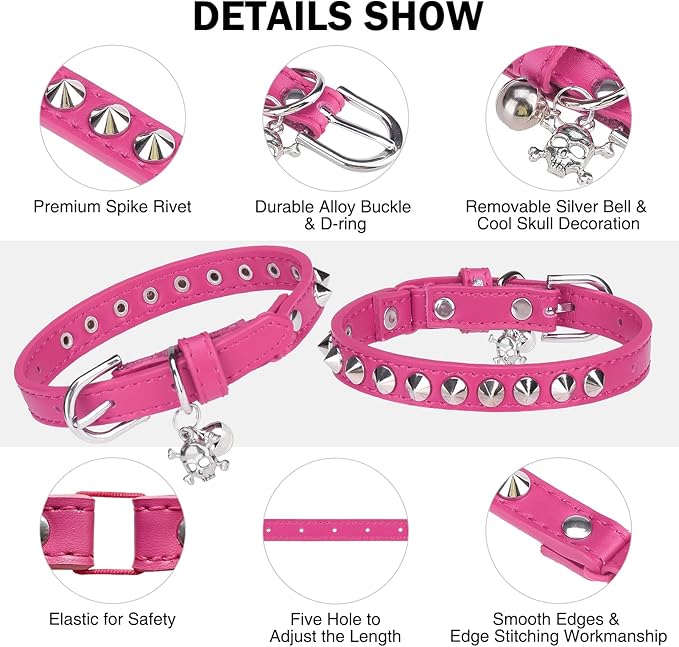 Leather Cat Collars for Boy Girl Cats with Bell and Safety Elastic Belt, Personalized Rivets Stud Adjustable Safe Buckle Collar with Skull Charm for Kitty Small Pets, Halloween Cat Collar