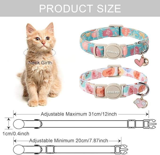 ARING PET 2 Pack Valentine's Day Cat Collars-Cute Heart Cat Collar Breakaway with Bell&Pendant, Adjustable Valentine Kitten Collars with Safety Buckle for Girl and Boy Cats