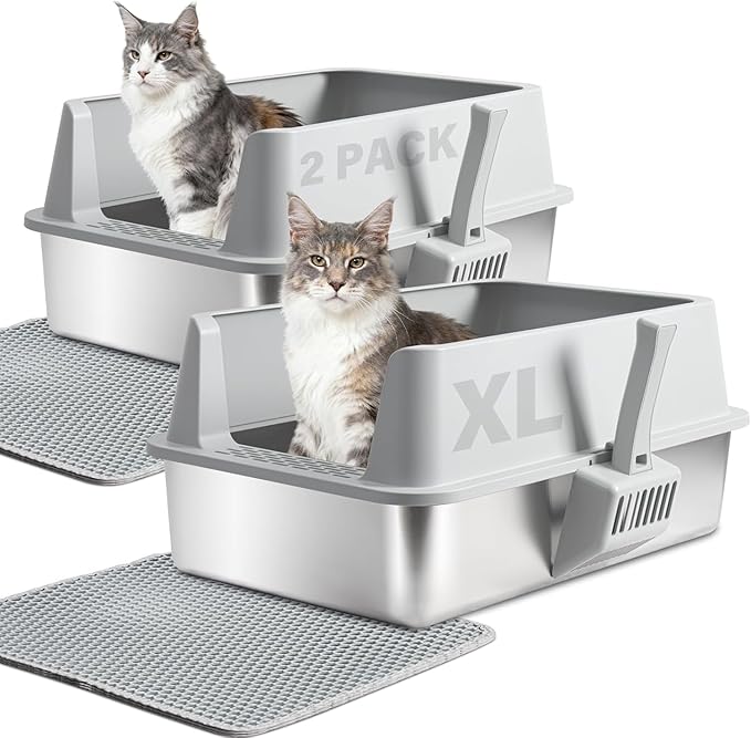2PACK Stainless Steel Cat Litter Box with Lid, XL Metal Litter Box, Extra Large Litterbox for Big Cats, High Sided | Easy Cleaning | Odor-Free Includes Scoop and Mat