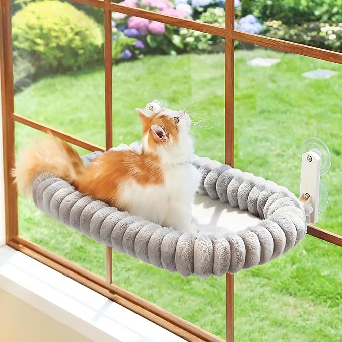Zakkart SnugCloud Foldable Cat Window Perch - Cordless, Ultra Soft Machine Washable Bed with 4-Sided Bolster, Metal Frame - Window Hammock for Large Cats and Kittens (Gray, Medium)