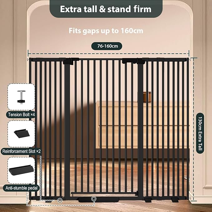 51'' Extra Wide Cat Gate Barrier 30-63'' Wide for Doorways Hallways, Pressure Mounted Tall Pet Dog Gates No Drilling Auto Close, Cat Fence Indoor Climb Proof (Black)
