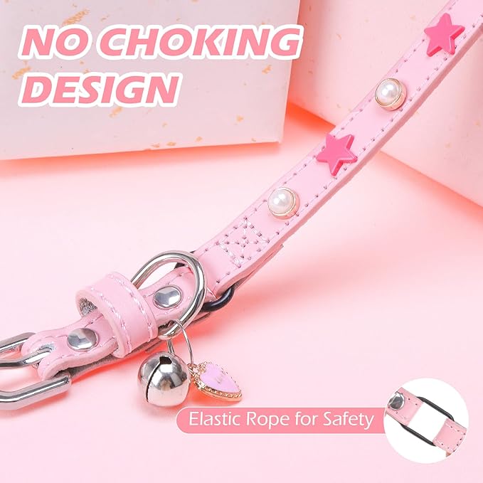 EXPAWLORER Leather Cat Collar for Girl Boy- Adjustable Pet Collar with Safety Elastic Belt,Personalized Star & Pearl Accessories Buckle Collars with Bell & Durable D-Ring,Pentagram (Pink)