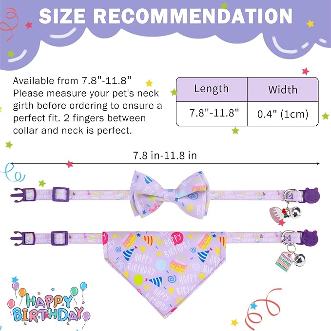 SCENEREAL Cat Bandana Collar for Birthday - 2 Pack Breakaway Kitten Collars with Bell Bowtie, Accessories for Pet, Adjustable Cute Cat Collars for Cats and Small Dogs Boys Girls, Purple