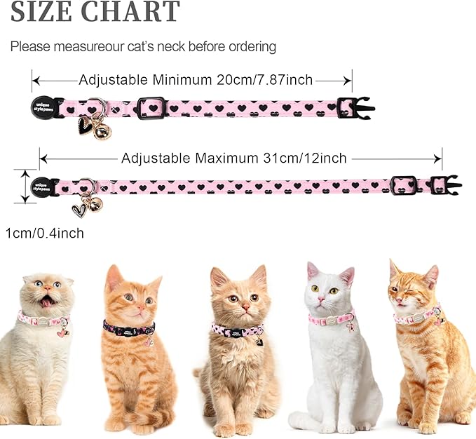 Unique style paws 2 Pack Valentine Kitten Collar Breakaway with Bell&Pendant, Adjustable Safety BlackBerry Pink Love Heart Cat Cotton Collar for Girl Boy Cat and Small Pet