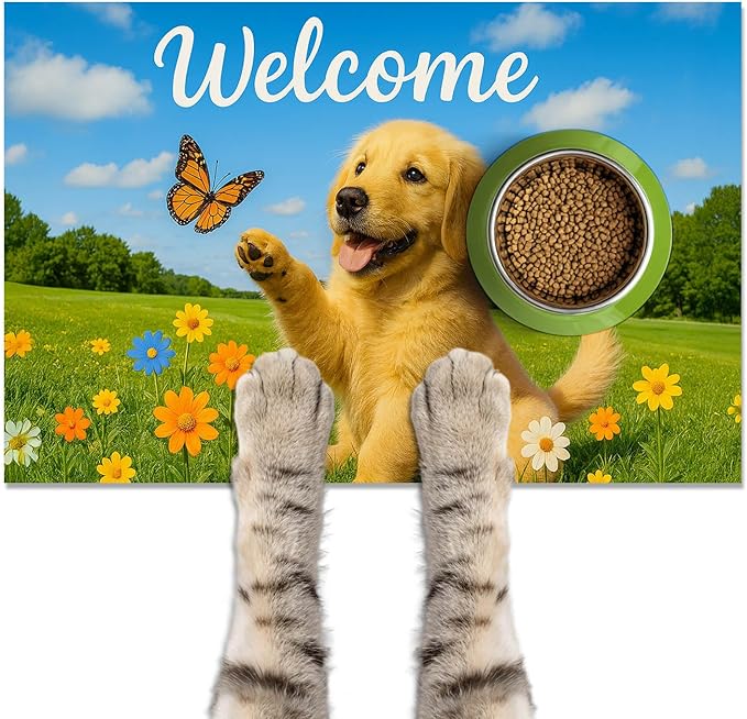 Welcome Spring Pet Feeding Mat 24" x 16" Non Slip Dog and Cat Food Mat Easy Clean Feeding Mat for Puppy and Kitten Cute Cat Feedings Mat for Indoor Cats Food and Water Mat for Pet Bowls