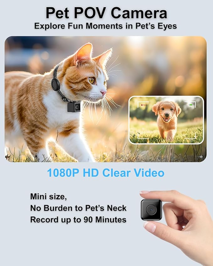 Cat Camera Collar with Tracker Tag, 1080P HD Video Recording Pet POV Cam, NO WiFi NO APP, Body Camera for Cat/Dog Tracking (No Micro-SD Card Included)