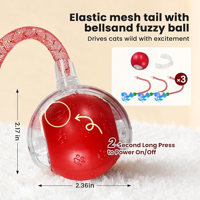 Rocfish Interactive Cat Toy for Indoor Cat, Smart Automatic Cat Chase Ball Toy (Red-N)