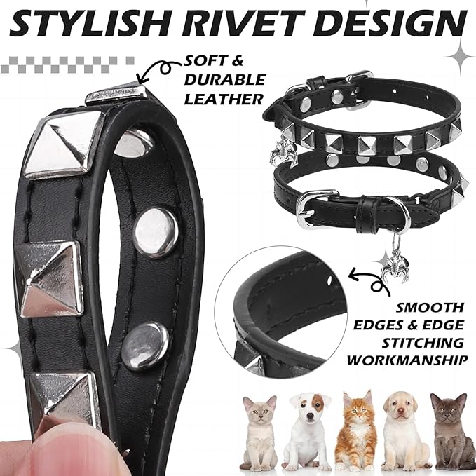 EXPAWLORER Leather Cat Collar - Adjustable Pet Collar with Rivet Spike for Girl Boy Cats, Punk Accessories with Bell & Durable D-Ring,Silver Square Nails, S