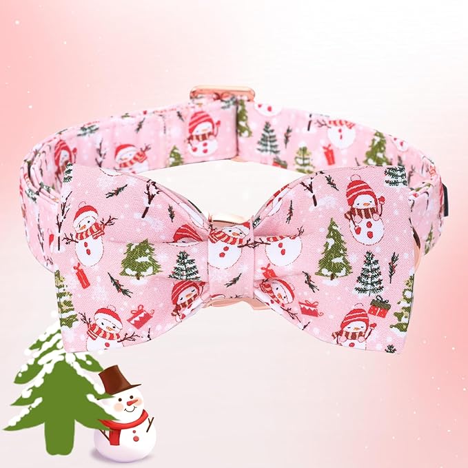 Christmas Dog Collar, Christmas Tree and Snowman Print Cute Winter Holiday Collars Cotton Adjustable Comfortable Pink Dog Collar with Bow,Stylish Collars for Medium Girl Dogs