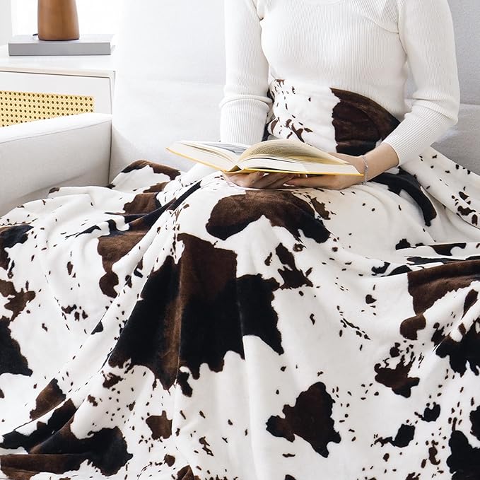 Bnuitland Cow Printed Fleece Flannel Throw Blanket, 300 GSM Double Sided Fuzzy Fluffy Blanket for Bed Sofa Couch Travel, Super Soft Lightweight for Adults and Kids, 60×80 inch