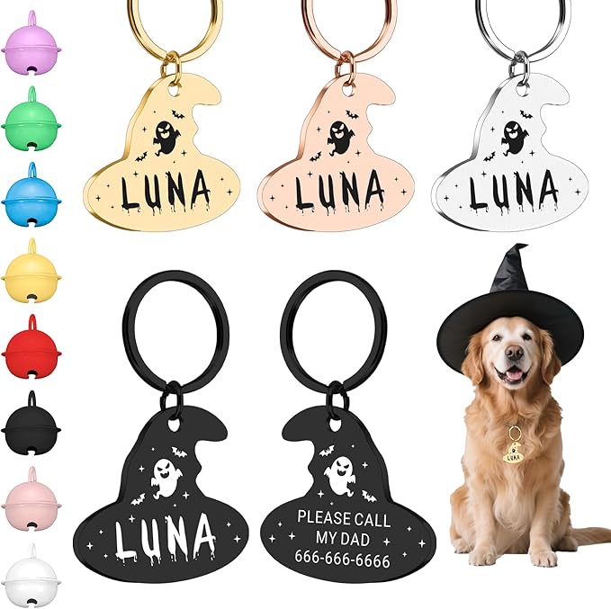 Custom Magic Hat Pet ID Tag for Dogs Cats, Personalized Engraved Name & Phone Number Anti-Lost Collar Tag, Halloween Spooky Accessory Gift for Dog Mom Owner, Witch-Friendly Cat Dog Tag for Pet Lovers