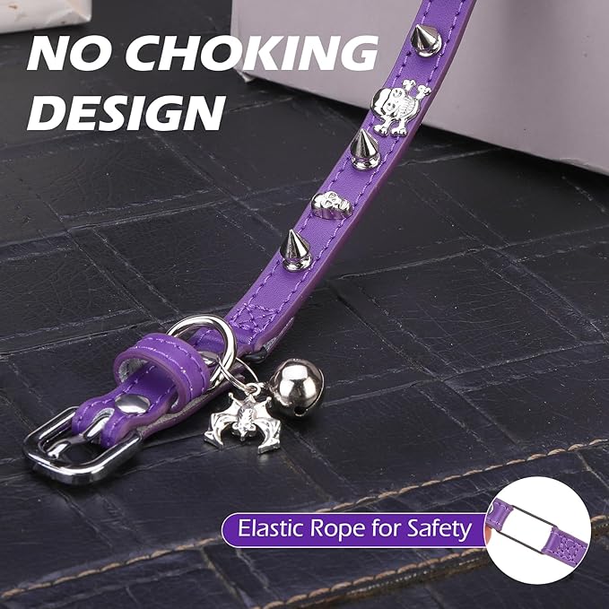 EXPAWLORER Leather Cat Collar for Girl Boy- Adjustable Pet Collar with Safety Elastic Belt,Personalized Punk Accessories Buckle Collars with Bell & Durable D-Ring,Rivet(Purple)