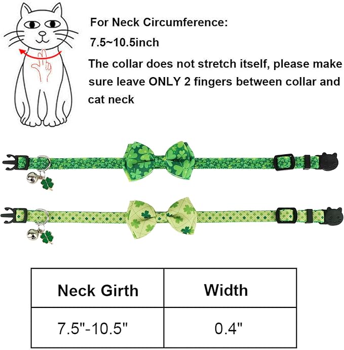 ADOGGYGO St. Patrick's Day Cat Collars with Bow Bell, Breakaway Cat Bowtie Collar Green Shamrock Pattern Saint Patrick Collars for Girl Boy Cats Kittens (St. Patrick's Day)
