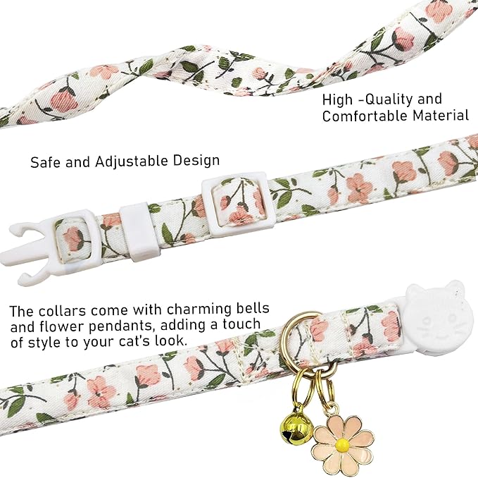 2 Pack Cotton Breakaway Cat Collars Set with Bell and Flower Pendant, Cute Floral Fruit Patterned, Adjustable 7.5-11Inch, Include A Mouse Toy Gift