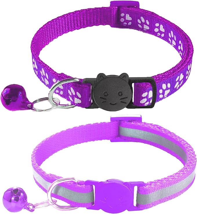 2 Pack Breakaway Cat Collars with Bells, Reflective Design and Claw Print Design, Safety Buckle Kitten Collars Adjustable from 7.5 to 12.5 Inches (Purple)