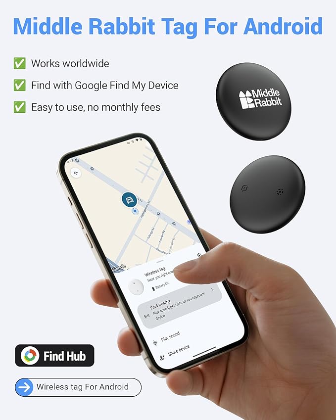 Dog GPS Tracker Tag for Android, Pet Tracker for Dogs | No Subscription, Works with Google Find My Device | Android AirTag Alternative for Dog Collars & Pets